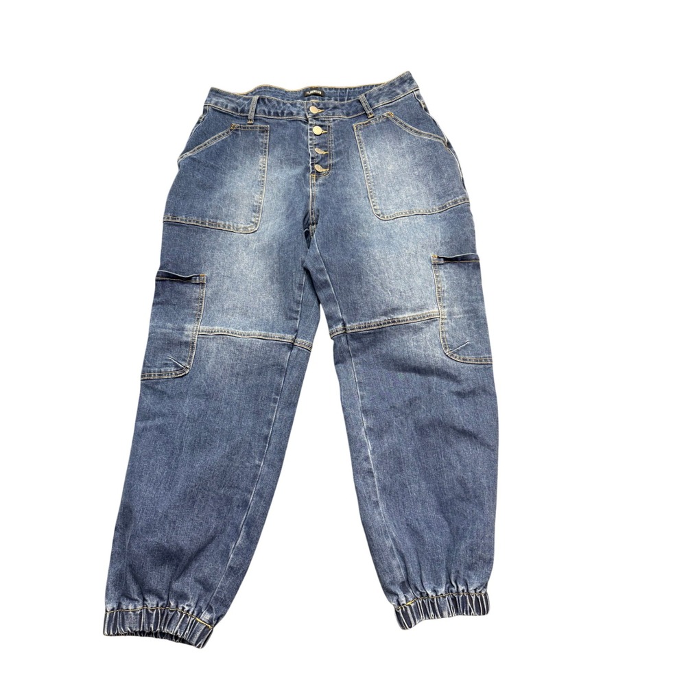 Flamingals Denim Joggers Y2K Women XL Blue High Rise Cargo Utility Jeans